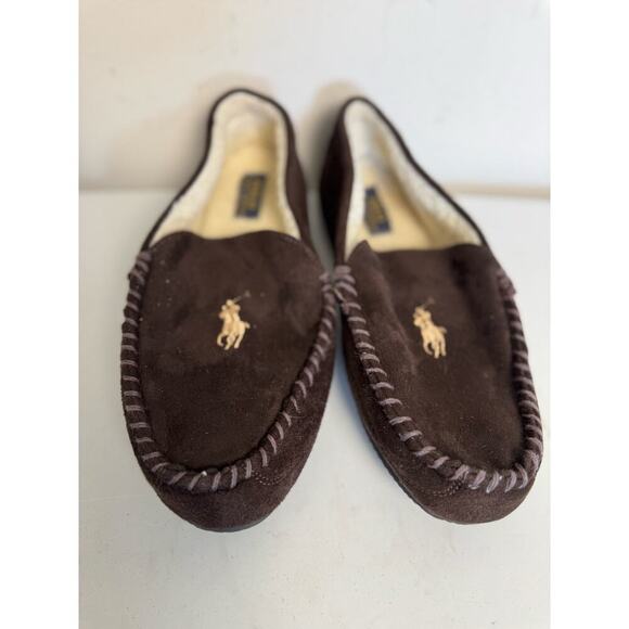 EUC Polo Ralph Lauren Dezi With Gold Polo Pony Brown Men's Fleece slippers SZ 11 - Picture 2 of 8